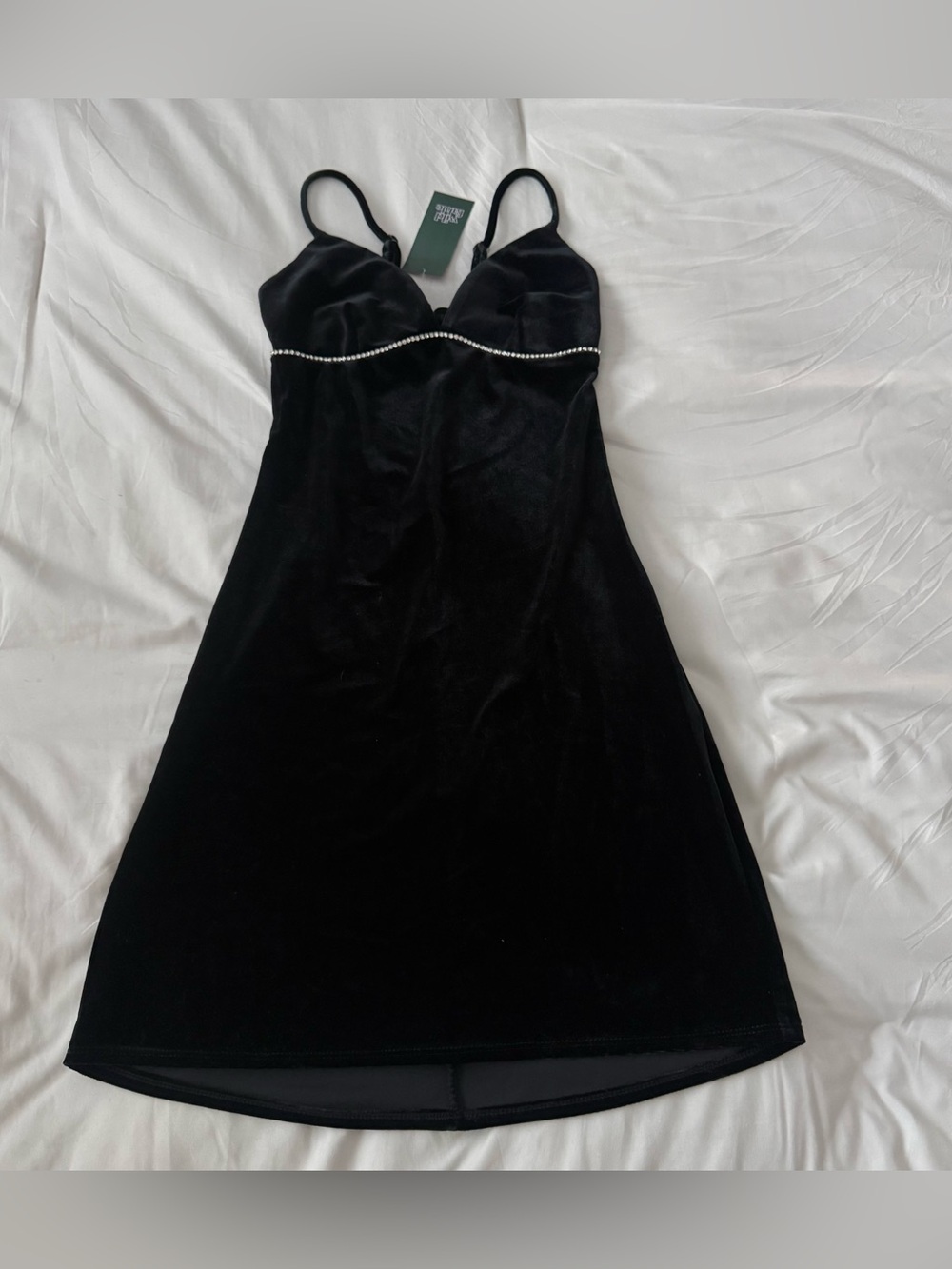 Audrey Brooke Black Velvet Mini Dress with Rhinestone Trim